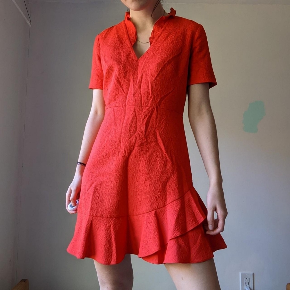 Cherry Red Sandro Ruffle Short Sleeve Cocktail Dress